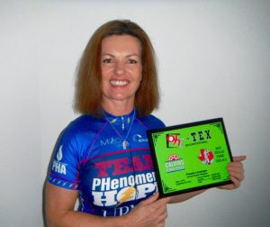 Pascale Lercangee at Oh Texas, Winner of the Oh-Tex Award highest mileage of 2 races, Calvin’s Challenge and Texas time Trial, 538miles.