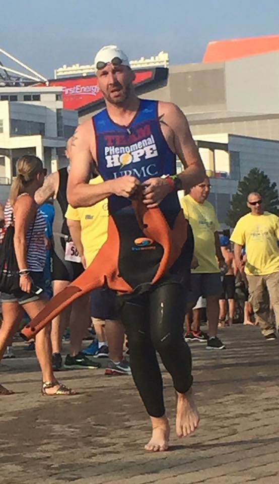 Dustin Wehler exiting water Cleveland triathlon